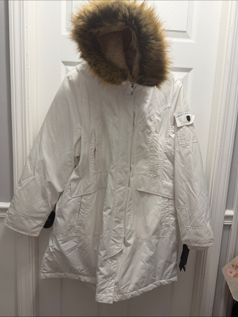1 Madison White Hooded Puffer with Faux-Fur Trim
